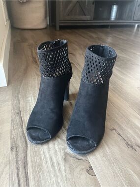 Report Black Suede Peep-Toe Ankle Booties with Laser-Cut Cuff